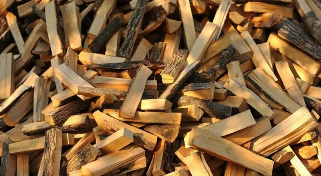 Tas de bûches fendues, bois de chauffage sec empilé en extérieur, prêt pour l’hiver.